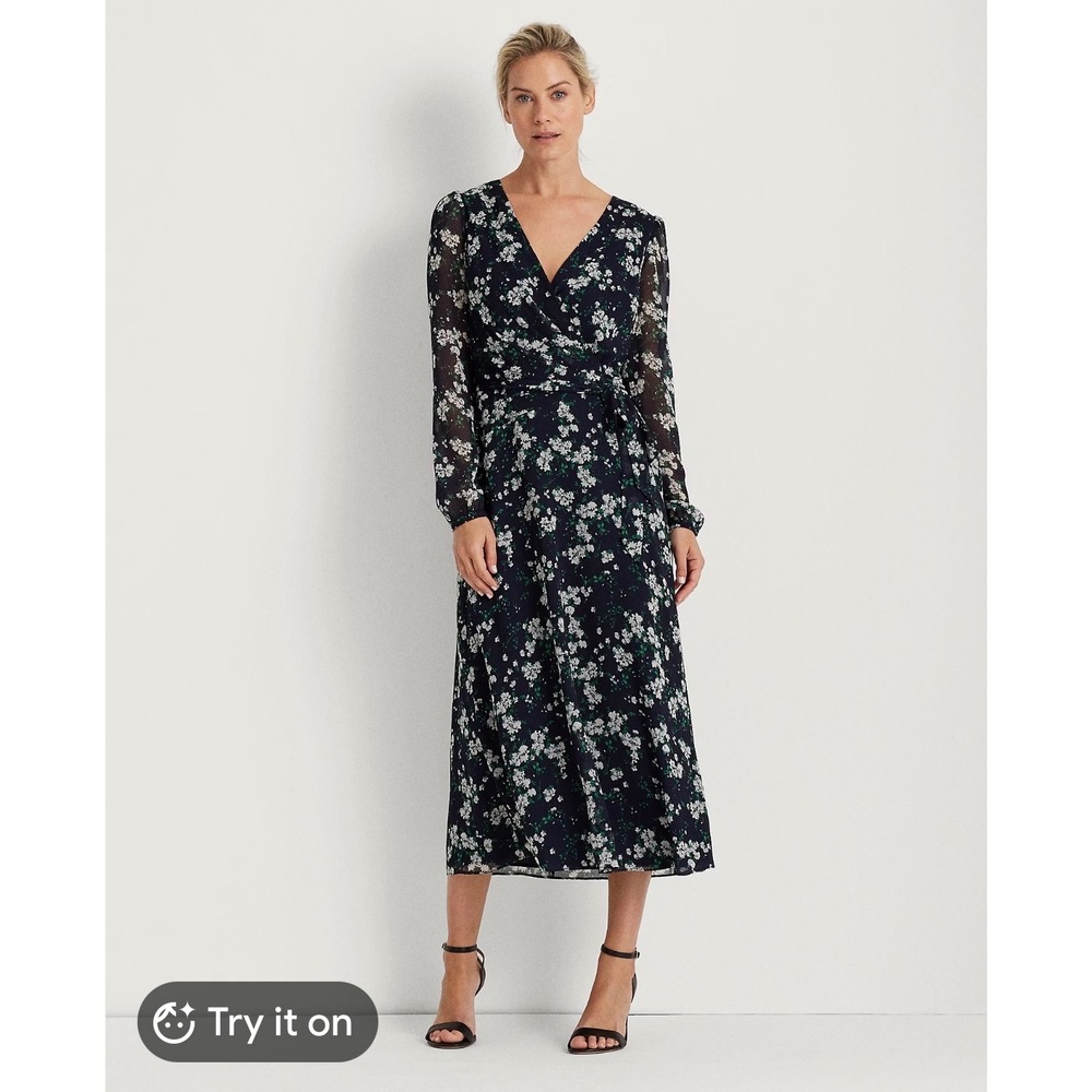 Lauren Ralph Lauren Puff Sleeve Georgette Midi Dress Long Sleeve Size 4
